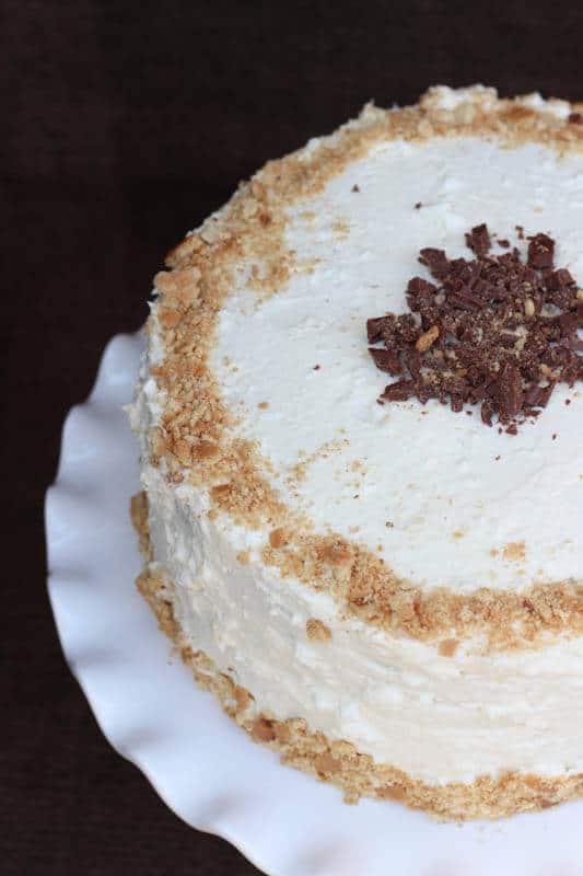 Un gâteau au chocolat grillé et à la guimauve, posé sur un support à gâteau blanc à volants, sur fond de nappe brune.