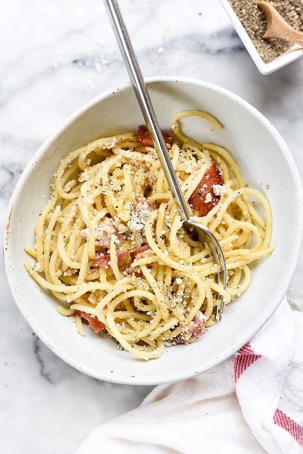 Spaghetti Carbonara recette | foodiecrush.com