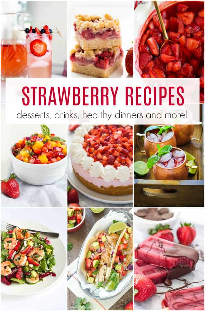 Un collage de recettes à base de fraises comprenant des desserts, des boissons et plus encore.