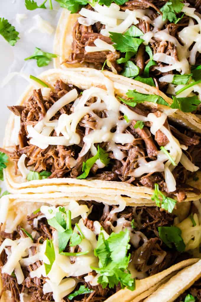 Barbacoa doux chargé dans des tortillas de maïs blanc et garni de fromage fondu.