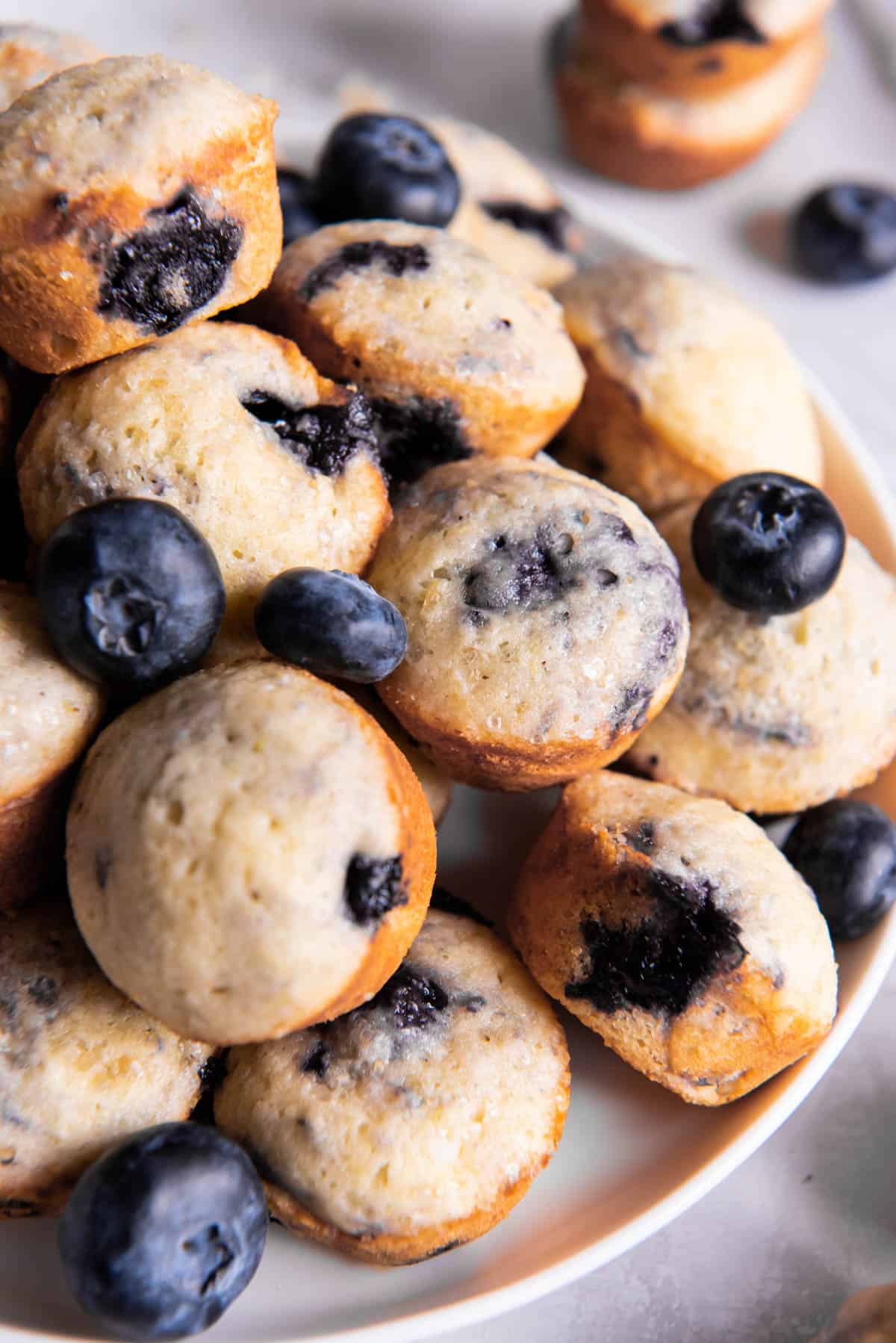 Mini-muffins aux myrtilles posés sur une assiette pour être servis. Des myrtilles fraîches sont dispersées sur les muffins.