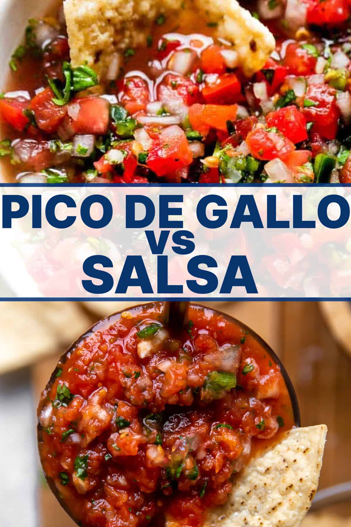 Pico de Gallo vs salsa avec des images de pico de Gallo en haut et de salsa en bas.